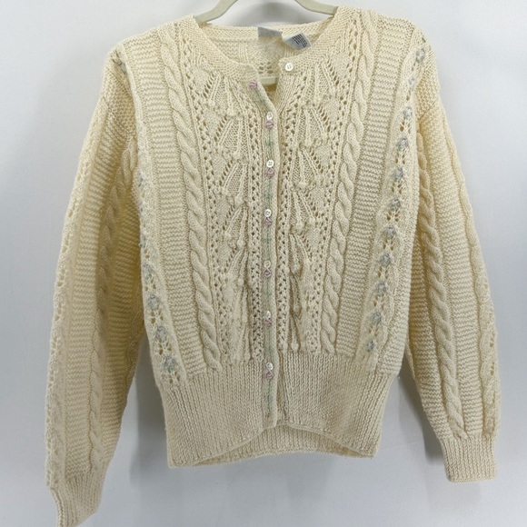 Vintage J.G. Hook Wool White Floral Embroidered Cable Knit Cardigan Sweater - Picture 1 of 7